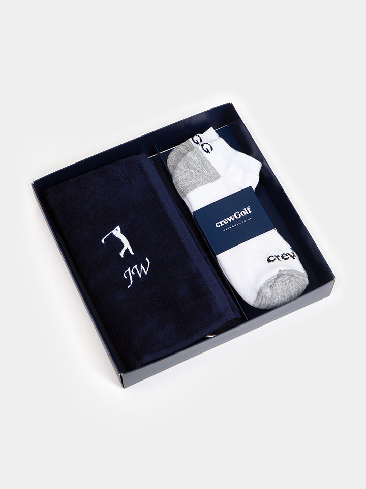 Golf Gift Box Set with Personalised Golf Towel and Mens Ankle Sports Socks - 2 Pack
