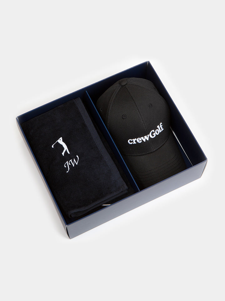 Golf Gift Box Set with a Personalised Black Golf Towel and Black Golf Cap