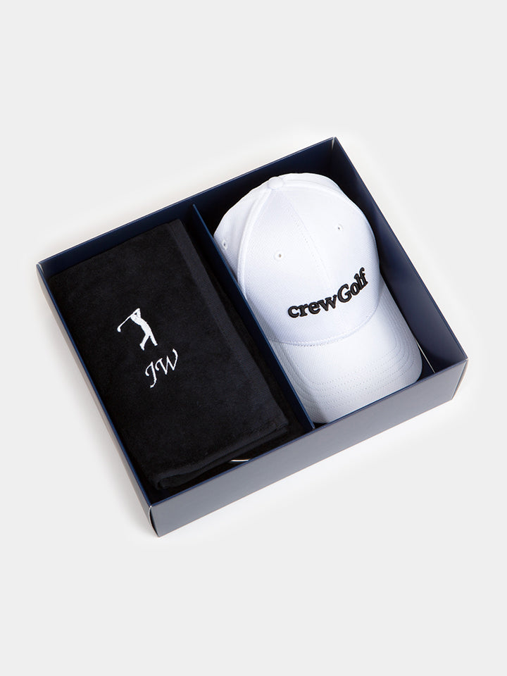 Golf Gift Box Set with a Personalised Black Golf Towel and White Golf Cap