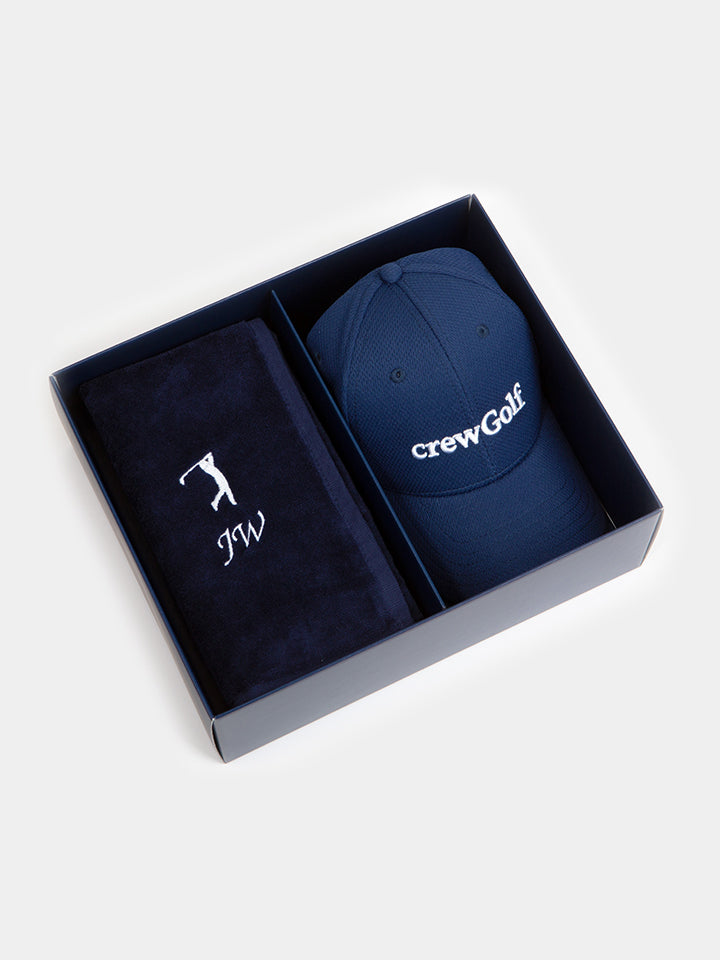 Golf Gift Box Set with Personalised Golf Towel and Navy Golf Cap